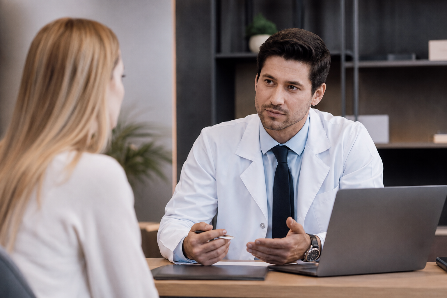 Cirurgião plástico conversa com paciente durante consulta em consultório moderno